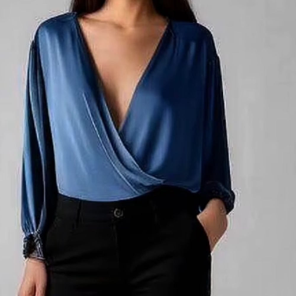 Silk look Royal Blue Long Sleeve Bodysuit Deep V neck - Picture 2 of 7